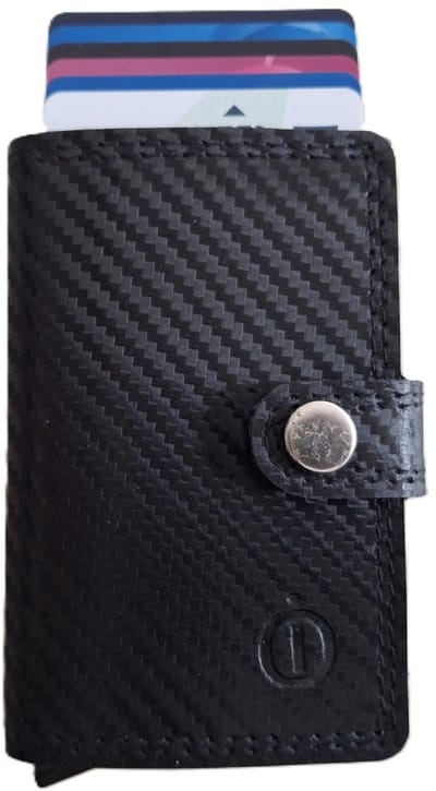 Oi zwart Carbon-look lederen mapje met Cardprotector / kleinste portemonneetje met Figuretta pasjeshouder zonder muntvak / plat lederen beursje met anti skim kastje / leren beursje met metalen pasjeshouder / zwart leer / 670Carbon
