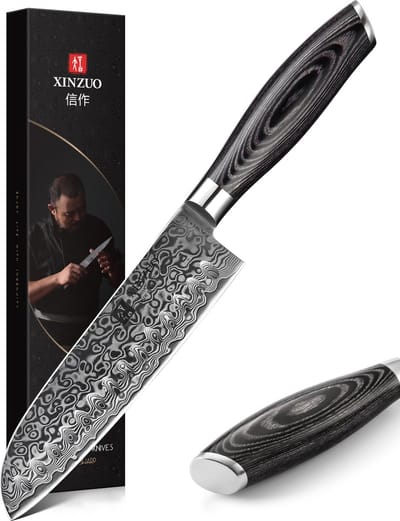 Damascus 7" Santokumes (67 lagen) | Xinzuo B20 | Luxe & Professioneel | Vlijmscherp Damascus staal | 31.5 cm Keukenmes met lemmet van 18 cm | met Pakka-houten handvat