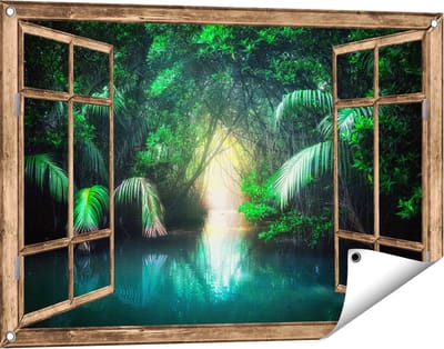 Gards Tuinposter Doorkijk Tropische Jungle met een Turquoise Meer - 90x60 cm - Tuindoek - Tuindecoratie - Wanddecoratie buiten - Tuinschilderij