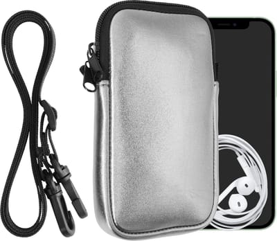 kwmobile Tasje voor smartphones L - 6,5" - Hoesje van neopreen in metallic grijs - Phone case met nekkoord
