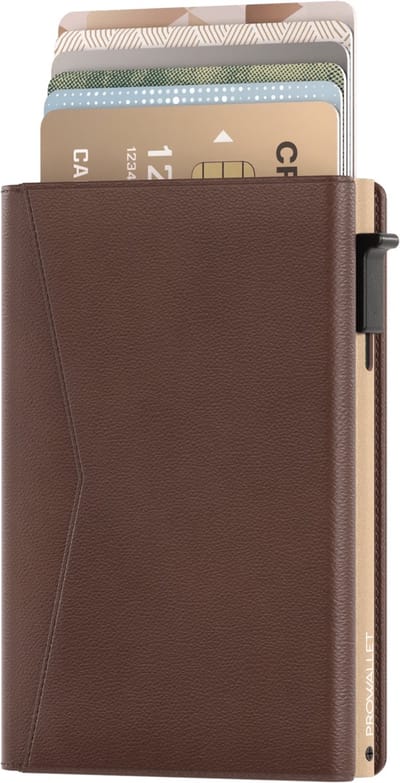 Prowallet Classic - Koffie - Pasjeshouder voor 9 Pasjes, Briefgeld en Muntgeld - Uitschuifbaar - RFID Creditcardhouder - Kaarthouder Portemonnee, Pashouder voor Mannen & Vrouwen - Aluminium, Kunstleer - Incl. Luxe Cadeaubox
