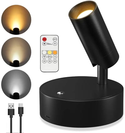 Oplaadbare LED Spotlight Wandlamp - Met Afstandsbediening - Met timerfunctie - Draadloos - Dimbaar - Nachtlampje - 360° - Zonder Boren Zonder - Wit, Warm wit, Warm Licht - Touch Control - Verlichting voor Schilderij Slaapkamer en Woonkamer - 1800MAH