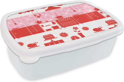 Broodtrommel Wit - Lunchbox - Brooddoos - Patronen - Pannen - Design - Huis - Roze - 18x12x6 cm - Volwassenen