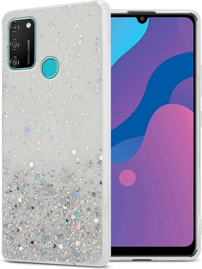 Cadorabo Hoesje geschikt voor Honor 9A in Transparant met Glitter - Beschermhoes van flexibel TPU silicone met fonkelende glitters Case Cover Etui
