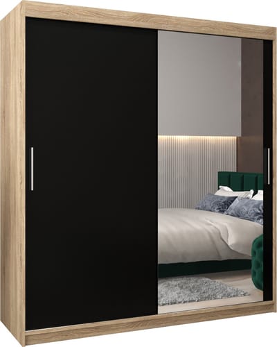 InspireMe - Kledingkast met 2 schuifdeuren, Modern-stijl, Kledingkast met planken (BxHxD): 180x200x62 - TORM II 180 Sonoma Eik + Zwart Mat