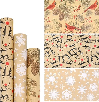 Inpakpapier Rollen - Cadeaupapier Sets - Feestelijke Verpakkingen - Drie Verschillende Ontwerpen - 3 Rollen - Kerstkleuren