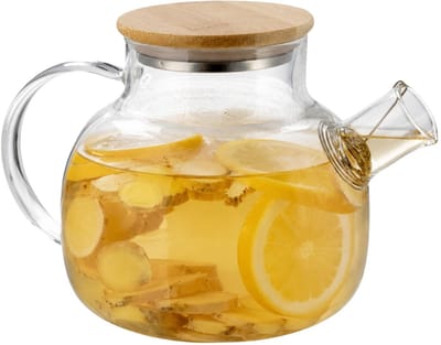 Gerimport Theepot met filter - 1 liter - glas/bamboe - 14 x 20 x 12 cm - kan/karaf