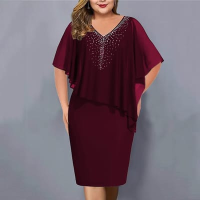 Dames Plus Size V-hals Overlay Asymmetrische Biljurk Chiffon Pailletten Jurk 4XL