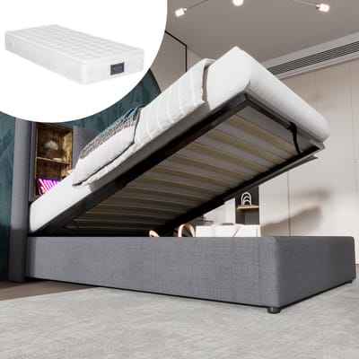 DESMIU Gestoffeerd Bed 90x200 cm – Draadloos Opladen en USB C – Opbergruimte Onder Lattenbodem – Voor Slaapkamer – Katoen – Grijs – Met Matras