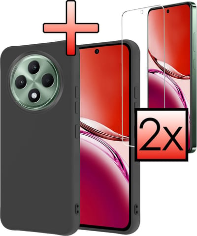 Hoesje - Met 2x Screenprotector - Geschikt voor Oppo Reno 12 F - Sterk & Shockproof - Back Cover - Siliconen Case - Telefoon Hoes - Zwart