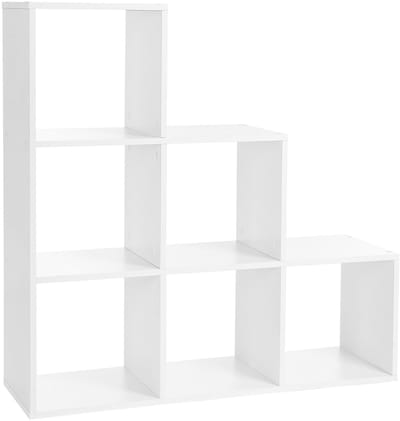 Boekenkast Opbergrek Vitrinekast Scheidingsrek Trapvormige Boekenkast 97,5x29x97,5cm Wit Modern Design Met 6 Opberg- en Displayvakken Dubbelzijdig Te Gebruiken Geschikt Voor Woonkamer Slaapkamer Kantoor