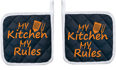 Eizook Pannenlappen 2 Stuks Navy Bedrukt - MY KITCHEN MY RULES - In ORANJE- Zacht Katoen met Polyester Pannenonderzetter Hittebestendige Pannenlap tot 250°C
