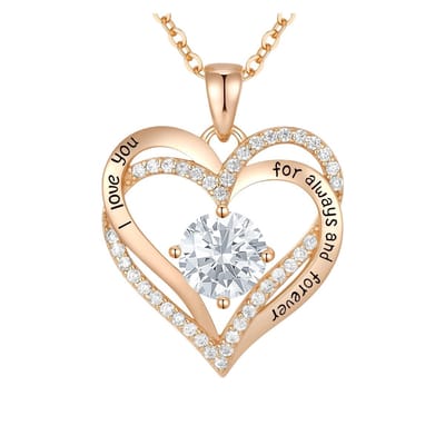 Lumici® | Hart in Hart v2 - I Love You Ketting - ''For Always And Forever'' - Stainless Steel Sieraden - RVS - Hartjes Ketting - Cadeau Voor Vrouwen - Moederdag Cadeau - Dames Ketting - Collier - Valentijn - Liefde - Rose Goud & Zilver - Witte Steen