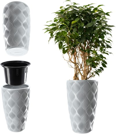 KADAX Bloempot met inzetstuk en handgrepen, plantenbak van kunststof in 5 maten, uv-bestendige pot, weerbestendige plantenvaas, hoog, pot met 3D-effect grijs, hoog
