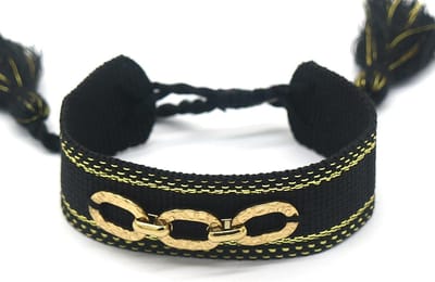 Stoffen Armband Dames - RVS Schakel - Lengte Verstelbaar - Zwart en Goudkleurig