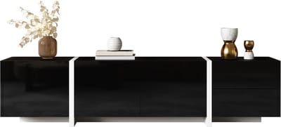 TV-standaard - Hoogglans en LED - Witte Poten en Contrast - Met Laden en Deuren - Hout - Zwart