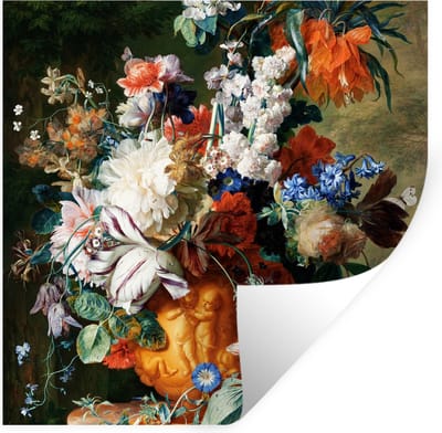 Muurstickers - Sticker Folie - Kunst - Oude meesters - Boeket bloemen in een urn - 100x100 cm - Plakfolie - Muurstickers Kinderkamer - Zelfklevend Behang XXL - Zelfklevend behangpapier - Stickerfolie