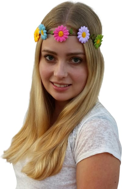4 bloemenhaarbandjes - Fuchsia/paars/groen/blauw/geel - Hippie/ Flower Power