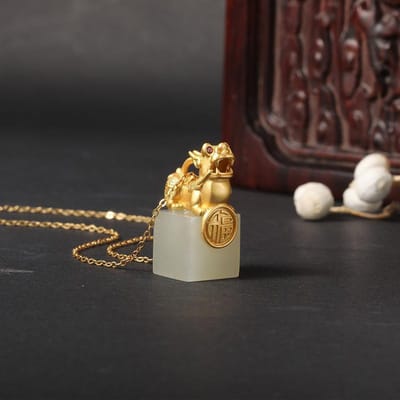 Oude Goudambachten Pixiu Hanger Stereoscopisch Vierkant Natuurlijke Hetian Witte Jade Ketting Vintage Chinese Stijl Luxe Sieraden 45cm black
