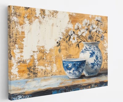 Saammp Canvas Schilderij - Chinees Porselein met Bloemen - Natuur - Kunstzinnig - 45x30 - Foto op canvas - Wanddecoratie - Muurdecoratie Woonkamer - Kantoor Decoratie