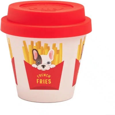 Quy Cup - 90ml Ecologische Reis Beker - Espressobeker “French Fries” met rode Siliconen deksel 7x7x7cm