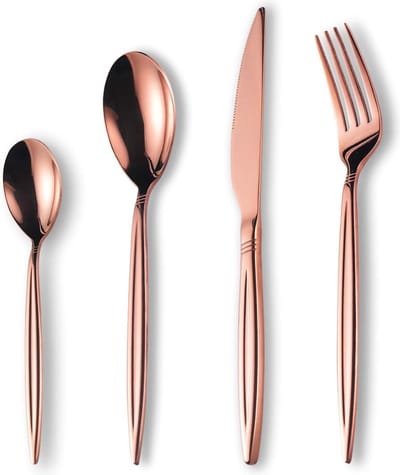 24-delige titanium rosé vergulde roestvrijstalen bestekset, 24-delige koperen bestekset, koperkleurige bestekset, servies voor 6 (glanzend koper)