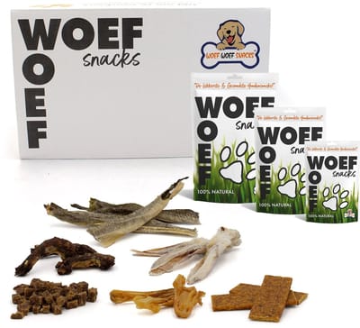 Woef Woef Snacks Hondensnacks Snackbox Middelgrote Honden - 1.00 KG - Kauwsnacks - Gedroogd vlees - Diverse smaken - Middelgrote & grote hondenrassen vanaf 8kg - Geen toevoegingen