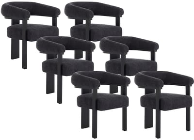 Vente-unique Set van 6 stoelen met armleuningen van boucléstof en heveahout - Zwart - LIVELIA