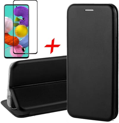 Hoesje geschikt voor Samsung Galaxy A51 - Screen Protector FullGuard - Book Case Kunstleer ThinShield Zwart & Screenprotector