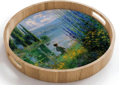 Dienblad rond 40x40 cm - Schootdienblad hout - Bloemen - Meer - Bergen - Groen - Borrelplank rechthoek - Plateau houten dienbladen