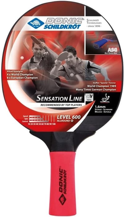 Tafeltennisbatje - Sensation 600 - Allround spel - Anti-Shock Grip - 16 mm spons - Zwart