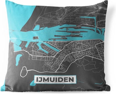 Buitenkussen - Plattegrond - IJmuiden - Grijs - Blauw - 45x45 cm - Weerbestendig - Stadskaart