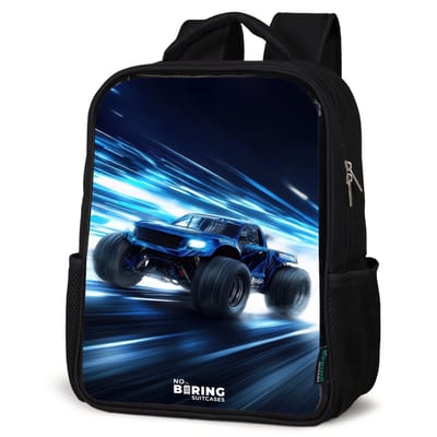 NoBoringSuitcases.com® - Rugzak zwart - Schooltas jongen & meisje - Monstertruck raast door lichtsnelheid - Rugtas voor school - Boekentas kind - Schoolrugzak - Kinderrugzak