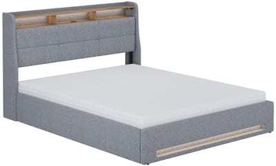 Vitalispa Christin Gestoffeerd bed – 160x200 met LED, USB-poort en matras Grijs/eiken