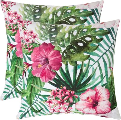 Homescapes buitenkussens – set van 2 tuinkussens & sierkussens voor tuin – waterafstotend & weerbestendig – 45x45 cm – veelkleurig, “Hibiscus” – voor tuin & terras