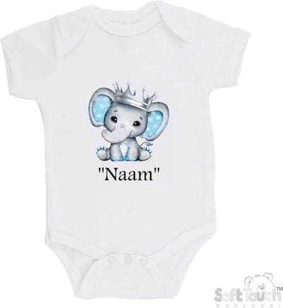 100% katoenen Romper Olifant met Kroontje Met Eigen Naam Katoen Wit Print Prinsje Zwart Maat 56/62