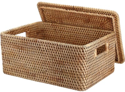 Famanu - Rattan Opbergmand met Deksel, decoratieve geweven mand voor kast, plank en tafel, geschikt voor kleine spullen en accessoires
