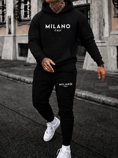 Trainingspak Heren - Zwart Joggingpak met Hoodie en Joggingbroek - Milano Italy Print - Sportkleding Heren