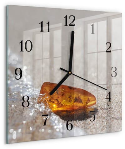 Tulup Wandklok - Amber Wandklok Glas Met Motief - 30x30 cm - Goud Decoratieve Glazen Klok - Zwarte Handen - Vierkante Wandklok - Decoratieve Glazen Klok - Glazen Wandklok Design