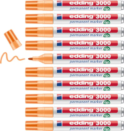 edding 3000 permanent marker - licht-oranje - 10 stiften - ronde punt 1,5-3 mm - sneldrogende permanent marker - water- en wrijfvast - voor karton, kunststof, hout, metaal - universele marker