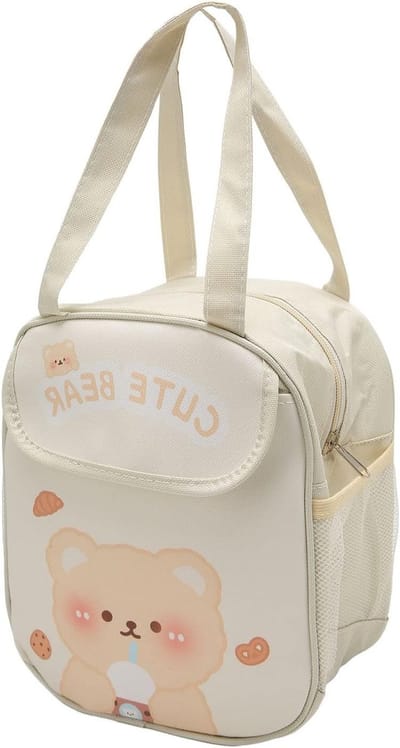 Allecto Plus - Lunchtas Kawaii Dik Gevoerd Groot met Handvat voor Student Kantoor - Cartoon Patroon (Beige Melk Thee Beer)