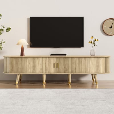 TV-meubel 175 cm met Rattan Schuifdeur, Tv Kast Natuurlijke houtkleur, TV Dressoir met Opbergruimte, Open Vakken, Laden en Kast, Televisiemeubel, TV Kast voor Woonkamer, Landelijke Stijl, MDF, Natuurlijk Design