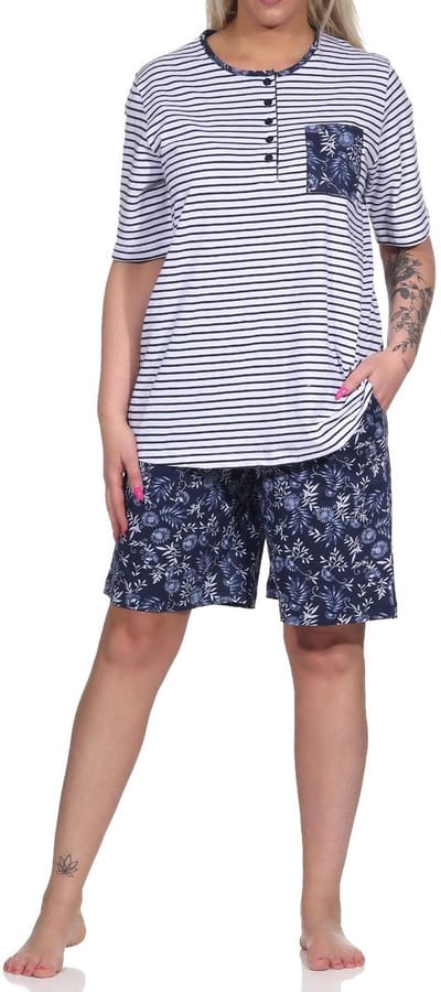 Dames pyjama shorty met korte mouwen, gestreepte top, korte broek met bloemenpatroon