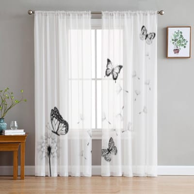 Paardenbloem Silhouet Met Vlinders Transparante Gordijnen voor Woonkamer Tule Raamgordijn Slaapkamer Keuken Sluier Draperieën 135W x 160H(cm)