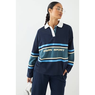 Dames DSGN Studio Sport Oversized Colour Block Top met Kraag | Navy | Maat: 2XL