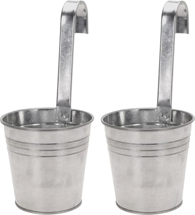 Set van 2x stuks bloempotten/plantenbakken zinken emmertjes met ophanghaak 21 x 13 x 29 cm - Balkon/schutting plantenpot