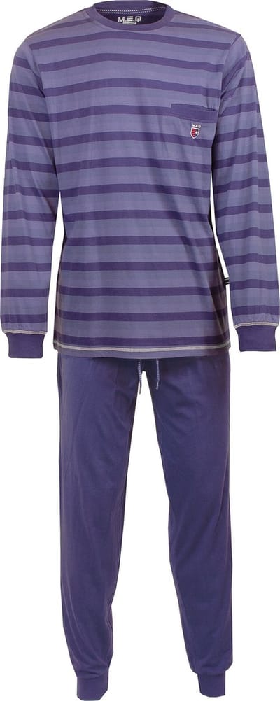 MEQ Heren Pyjama - Pyjama Set - Katoen - Gestreept - Paars - Maat S