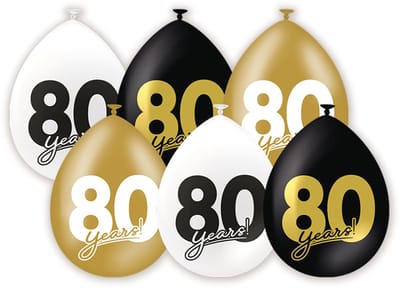 LUQ – Latex Ballonnen Celebration 80 Jaar – 6 Stuks – Zwart-Wit-Goud – Luxe Verjaardag Feest Versiering – Helium Ready