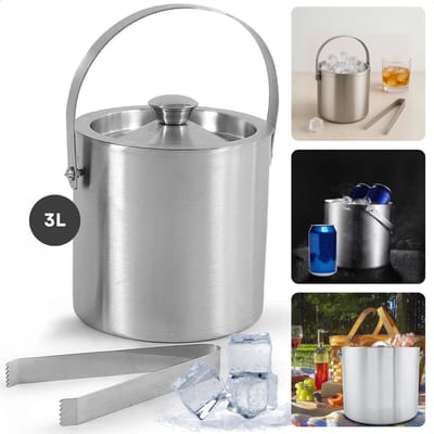 Cheqo® Luxe RVS Ijsemmer 3 Liter - Ijs Emmer - Ijsblokjesemmer - Dubbelwandig - Wijnkoeler Met Tang en Deksel - Champagne Koeler - Wijn Koeler