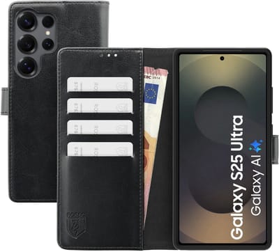 Rosso Element Geschikt voor Samsung Galaxy S25 Ultra | Wallet Book Case | Portemonnee Hoesje | 4 Pasjes | Magneetsluiting | Stand Functie | Zwart